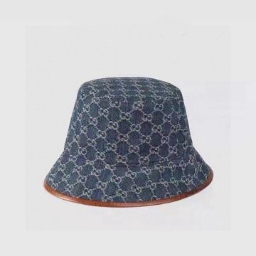 2022 New Gucci GG Jacquard Pattern Brown Leather Trim Blue Washed Canvas Bucket Hat Spring Sun Hat For Ladies 576371 4HAC3 4264