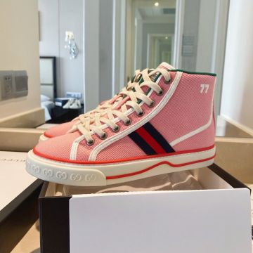 Hot Selling Gucci Tennis 1977 Female Pink Canvas Lace-up High Top  Sneakers Red/Green Web Band Replica