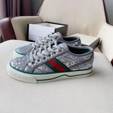 High Quality Gucci Tennis 1977 Women Low-top Silver Paillette Red & Green Web Fake Leisure Sneakers Uk