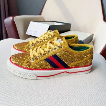 2022 Luxury Gucci Tennis 1977 Red/Blue Web Motif Lace Up Gold Paillette Low Top Fabric Shoes For Ladies