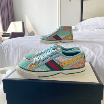 Top Style Gucci Tennis 1977 Lady Light Blue Fabric  Low Top Lace Up Shinning Colorful Paillette Flat Sneakers Sale Online