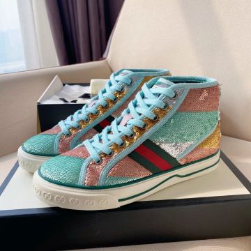 Spring Fashion Gucci Tennis 1977 Colorful Paillette Light Blue Shoelace Red & Green Web Band Female Sneakers 