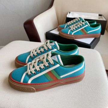 Best Price Gucci Tennis 1977 Women Blue Candy Fabric Low Top Coffee Rubber Sole Red/Green Web  Sneakers
