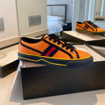 Fashion Gucci Off The Grid Orange Nylon Double G Pattern Lace UP  Unisex Low Top Flat Sneakers  628709 H9H70 7572