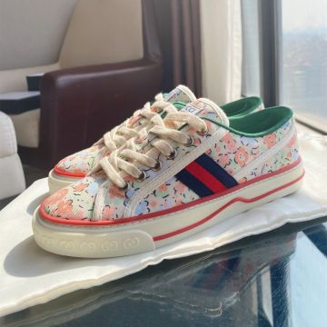 Sweet Design Gucci Tennis 1977 Low Top  Flower Pattern Red & Blue Web Female White Fabric Lace Up Shoes 