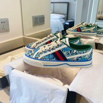 2022 Fashion Gucci Tennis 1977 Female Blue Canvas Flower Printing Red & Blue Web Motif Low Top Fabric Sneakers