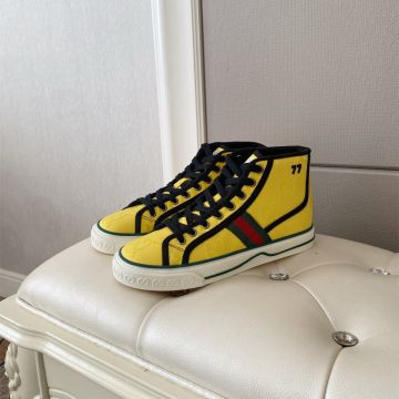High Quality Gucci Tennis 1977 GG Pattern Female High-top Red & Green Web Yellow Nylon Sneakers Online