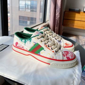 Gucci New Arrival Tennis 1977 Ladies Low Top White Canvas Colorful Michey Lace-up Web Sneakers Online