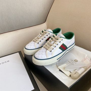 Low Price Gucci Tennis 1977 Mini GG Jacquard Red & Green Web Detail Unisex White Fabric Low Top Sneakers ‎606110 99W90 9085