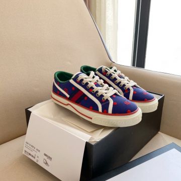 Best Gucci Tennis 1977 Women Trendy Red GG & Dot Jacquard Blue Canvas Low Top Lace UP  Faux Trainers
