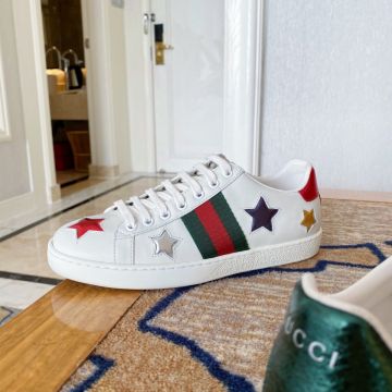 Latest Gucci Women's Ace Red & Green Web White Leather Dissymmetry Back Star Pattern Lace UP Tennis Sneakers