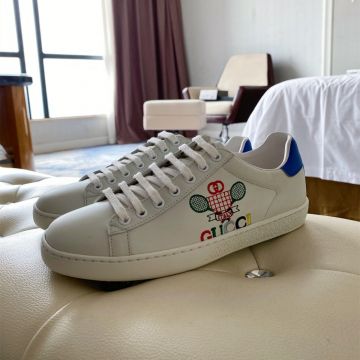 2021 Trendy Gucci Ace Blue Heels Female Low Top White Leather Tennis & Colorful Logo Embroidery Sneakers