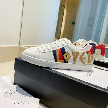 2022 Fashion Gucci Ace Gold Embroidered "Loved" Appliqué Blue & Red Web Women White Leather Sneakers