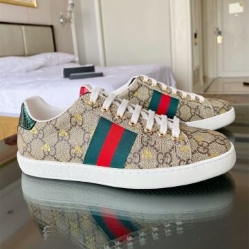 High Quality Gucci Ace Gold Bee Printing Red/Green Web Ebony GG Supreme Unisex Beige Canvas Lace Up Sneakers 550051 9N050 8465