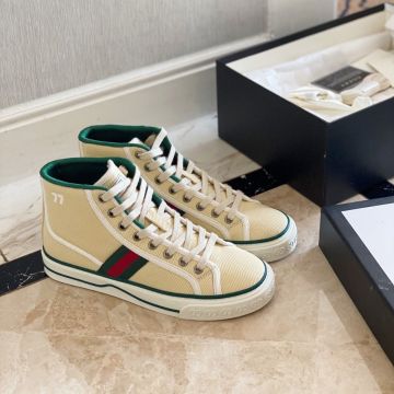 Pre-Fall Fashion Gucci Tennis 1977 Red & Green Web Women High-top Butter Cotton  Lace-up Sneakers 