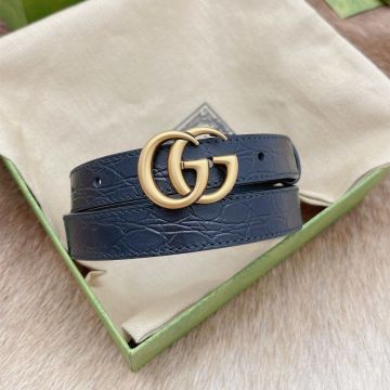 Fashion Gucci Marmont Caimn Shiny Gold-tone GG Buckle Black Crocodile Leather Thin Belt For Ladies 2.0/3.0/4.0CM ‎409417 E7I0O 1000