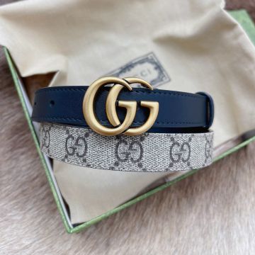 Gucci Marmont Brass GG Pin Buckle Women Black Leather Beige / Ebony GG Supreme Canvas 2.0CM Thin Belt 409417 92TLC 9769