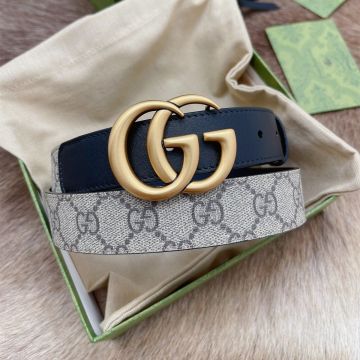 Best Gucci Unisex Beige / Ebony GG Supreme Canvas Black Leather 3.0CM Thin Belt Yellow Gold GG Buckle 625839 92TLT 9769
