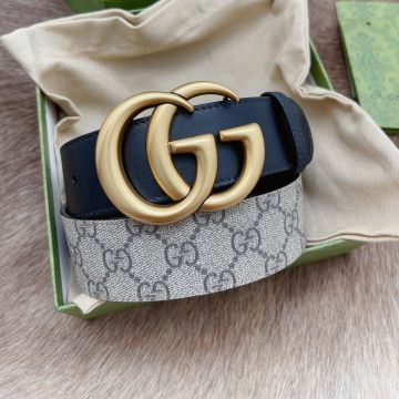 Fashion Style Gucci Brass Double G Buckle Unisex Leather & Beige Canvas Belt With Ebony GG Supreme Pattern 4CM ‎400593 92TLT 9769
