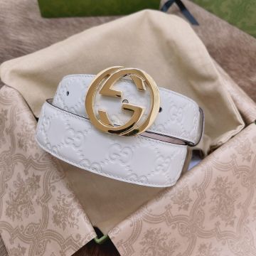 2022 Best Gucci Classic Interlocking GG Pin Buckle Logo Embossed Pattern Women White Signature Leather 3.5CM Belt