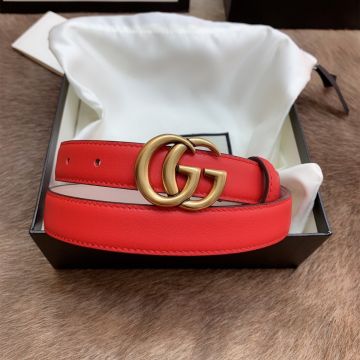 Hot Selling Gucci Red Leather Strap Shiny Yellow Gold Double G Buckle Thin Belt For Ladies 2.5cm