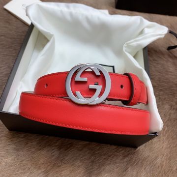 Low Price Gucci Silver/Gold Interlocking G Buckle Women Red Leather 2.5CM Thin Belt UK