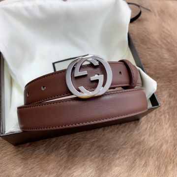 2022 New Gucci 2.5CM Brown Leather Strap Classic Interlocking G Buckle Women Fashion Belt 