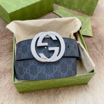 2022 Price Gucci Polished Silver Steel Interlocking GG Buckle Beige Canvas & Leather Reversible BeltFor Men/Women 4.0CM