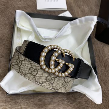 2022 Fashion Gucci Double G White Pearl Design Buckle Black Leather & Beige / Ebony GG Supreme Canvas Women Belt 3cm