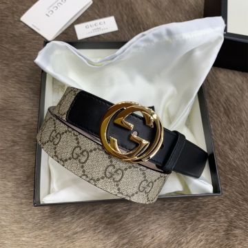 Best Price Gucci 3CM Interlocking Double G Motif Buckle Ebony Logo Pattern Beige Canvas & Black Leather Patchwork Belt