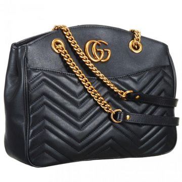 Gucci GG Marmont Matelasse Double G Buckle Narrow Top Black Leather Chain Strap Clone Tote Bag 