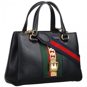 Gucci Sylvie Black Leather Shoulder Bag Gold-plated Hardware Personalized Style For Lady America   