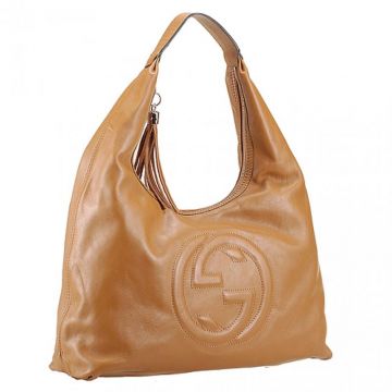 Gucci Soho Interlocking Logo Motif Flat Single Handle Ladies Large Tan Calfskin Leather Hobo Bag