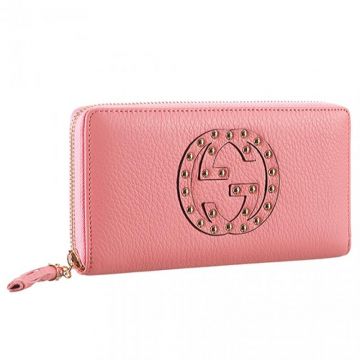 High-End Girls Gucci Soho Pink Leather Wallet Zip Around cowhide Exterior With GG Disco Studded 