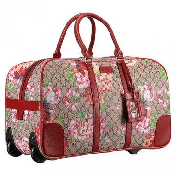 Gucci Replica GG Supreme Blooms Red Print Wheeled Suitcase Leather Trim Collapsible Handle For Women 