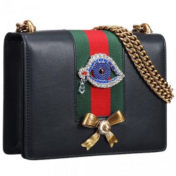 2018 Gucci Popular Peony Chain Strap Web Trimming Black Leather Ladies Rhinestone Applique Shoulder Bag