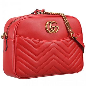 Gucci GG Marmont Matelasse Chain Strap Brass Hardware Red Leather Ladies Double Zipper Bag With Flat Pocket 