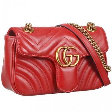 Best Women's Gucci GG Marmont Matelasse Brass Logo  Buckle Chain Strap Red Leather Mini Flap Bag 443497 DTDIT 6433