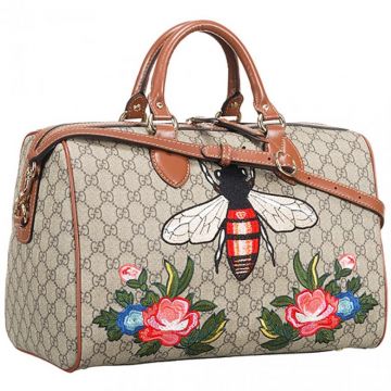 Gucci Garden Souvenir Brown Boston Bag Bee And Flower Detail Thin Shoulder Belt Sale NYC