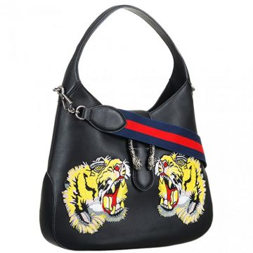 Top Style Gucci Dionysus Tiger Embroidered Red-Blue Web Strap Ladies Black Leather Hobo Bag Online