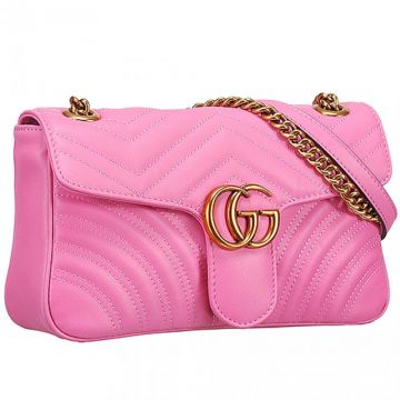 Spring/Summer Gucci GG Marmont Matelasse Logo Buckle Brass Strap Pink Leather Shoulder Bag Replica 443496 DRW3T 5554