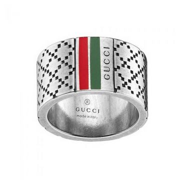 Unisex Hot Selling Gucci Diamante Diamond Pattern Logo Detail Red & Green Enamel Band Trimming Aged Silver Wide Ring 