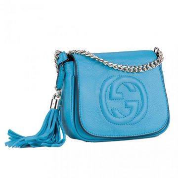 Most Fashion Gucci Womens Soho Mini Light Gold Hardware GG Embossed Blue Leather Shoulder Bag 