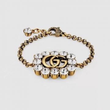 Faux Gucci Clear Crystal Frame Double G Logo Aged Gold Effect Metal Bracelet High End Women'S Fashion Jewelry