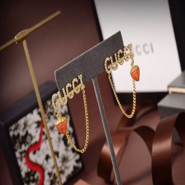 Most Luxury Gucci Big Logo Paved Diamonds Link Trimming Red Diamonds Strawberry Pendant Women Yellow Gold Plated Drop Earrings