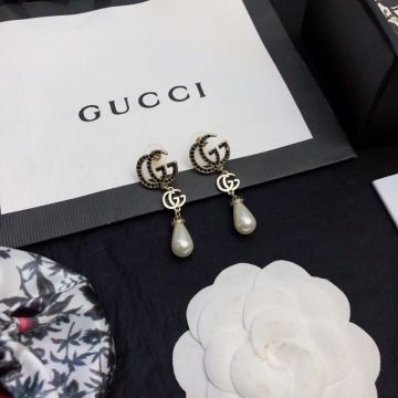  Gucci Women'S Colored Diamonds Double G Design Pearl Stud Tassel Earrings Vintage Style Jewelry