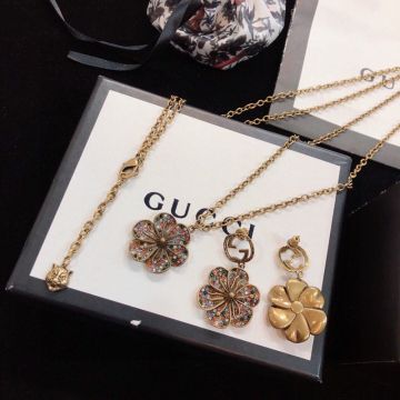 Gucci Brass Tiger Head Charm Flower-shaped Pendant Women Colorful Diamonds Necklace/Stud Earrings Fashion Jewellery Set