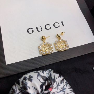 Gucci Fashionable Style Pearl-embellished Double G Square Pendant Yellow Gold Plated Drop Earrings For Ladies Online