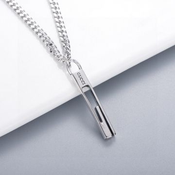 Unique Style Gucci Authentic 925 Sterling Silver Plated Hollowed-out G Motif Rectangle Logo Pendant Necklace For Men Bead Link/Oblate Link/Round Link