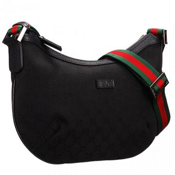 Unique Model Gucci Red-Green Web Shoulder Strap Curved Base Ladies Black Monogram Canvas Zipper Bag 